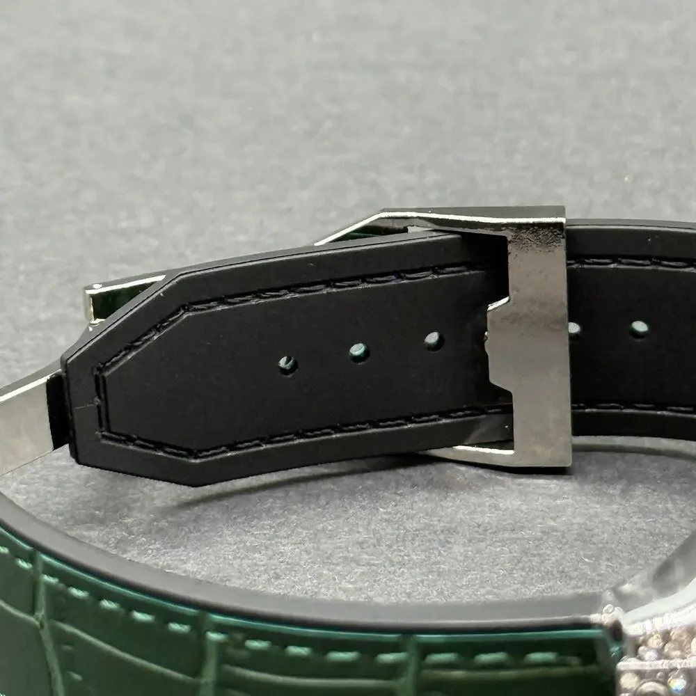 Iced Out Watch Silver Tone Green Leather Band Arabic Dial Baguette Bezel NEW